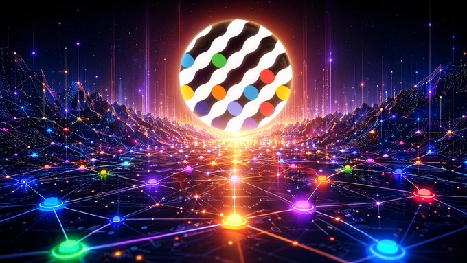 A vibrant digital artwork featuring a large central sphere with a black and white wavy pattern and colorful dots, set against a dark background with glowing multicolored nodes connected by lines, and a bright orange-yellow light emanating from beneath the sphere.
