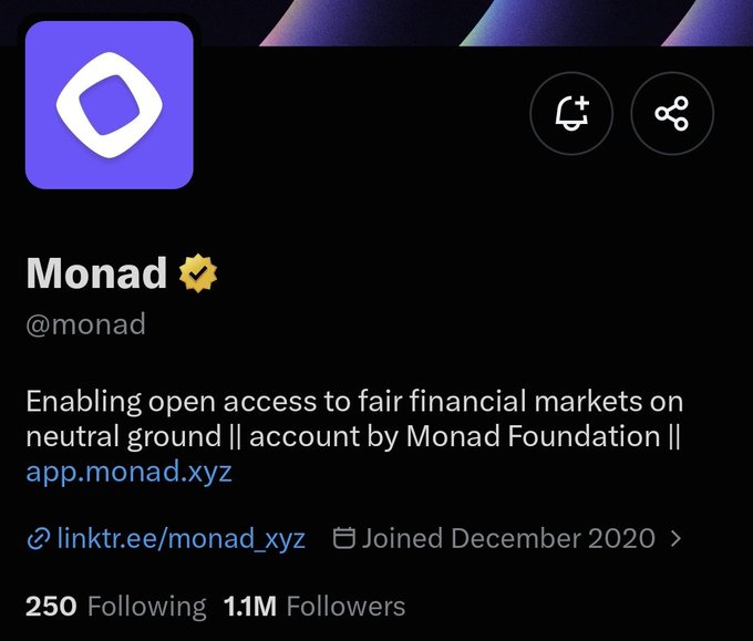 The image shows the verified Twitter/X profile of Monad (@monad), a project with 1.1M followers and a bio about enabling open access to fair financial markets via app.monad.xyz. The profile relates to the accompanying post's bullish sentiment about Monad ("Monad will be good. Monad's future is bright. Gmonad"), as it showcases the official account that the "Nads" community rallies around despite critics.