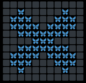 A digital pixel-art style image showing blue butterfly icons arranged in columns on a dark grid background, with numerical indicators '22', '24', '31', and '27'.