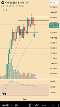 A TradingView chart displays the HYPEUSDT spot pair on a daily timeframe (1D), showing a current price of 85.178 with a modest +0.002 (+0.00%) gain. The chart features green bullish candlesticks reaching toward the 88.000 resistance level, with an RSI indicator at the bottom and an upward arrow highlighting the bullish momentum—aligning with the "$HYPE Green" caption.