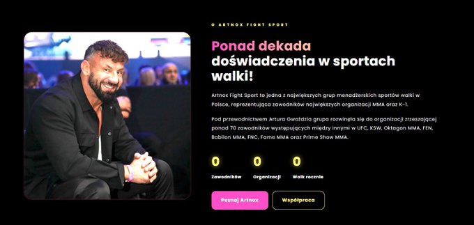 A webpage screenshot featuring a smiling bearded man in a black shirt, with Polish text promoting "Artnox Fight Sport" and "Ponad dekada doświadczenia w sportach walki!" alongside counters showing zeros for fighters, organizations, and completed fights.