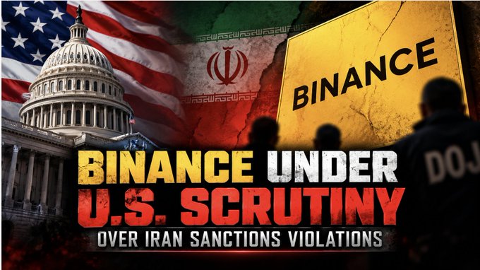 A graphic image combining the U.S. Capitol building, the American flag, the Iranian flag, and silhouetted figures, with the bold text 'BINANCE UNDER U.S. SCRUTINY OVER IRAN SANCTIONS VIOLATIONS'.