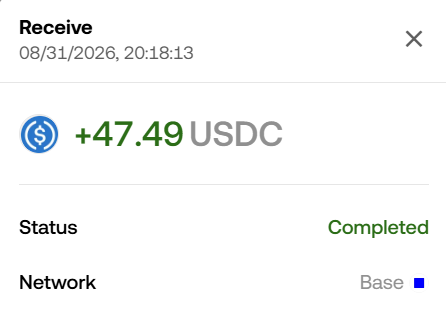 A cryptocurrency transaction confirmation showing a successful receipt of +47.49 USDC on the Base network, completed on 08/31/2026 at 20:18:13.