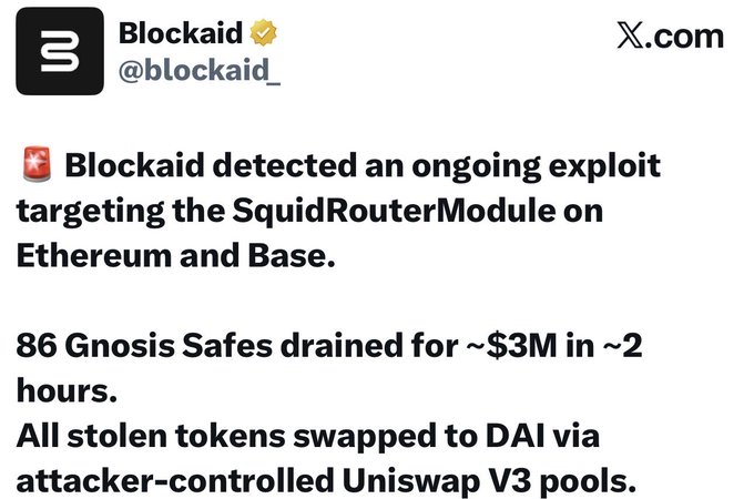 The image shows a screenshot of a social media post by @blockaid_ that discusses an ongoing exploit targeting the SquidRouter Module on Ethereum and Base, which has drained 86 Gnosis Safes for nearly $3M in under 2 hours. The stolen funds are being used to DAI through attacker-controlled Uniswap V3 pools.