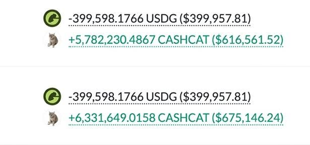 A screenshot showing cryptocurrency transactions, including a loss of '-399,598.1766 USDG ($399,957.81)' and gains of '+5,782,230.4867 CASHCAT ($616,561.52)' and '+6,331,649.0158 CASHCAT ($675,146.24)'.