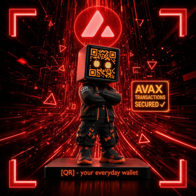 The image shows a 3D rendering of a robot figure wearing an orange jacket with black pants and shoes. The robot has its arms crossed over its chest and appears to be standing against a red background, which includes neon lights. In front of the robot is a sign that reads "AVAX transactions secured". The text in the image suggests that the robot figure represents the cryptocurrency Avax, and it is promoting the use of cryptocurrency for everyday transactions.