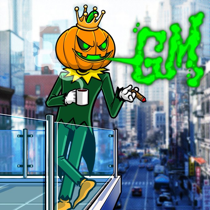 An animated illustration shows a jack-o'-lantern-headed character wearing a crown and green suit, standing on a balcony and exhaling green smoke that forms the word 'Emin' over a cityscape.