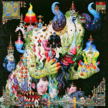 A complex, colorful surrealist digital artwork featuring multiple faces, eyes, ornate temple-like structures, and swirling patterns.