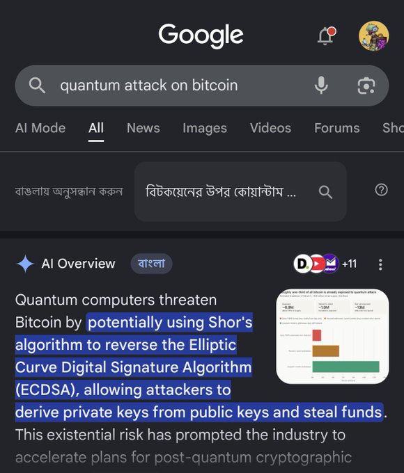 A Google search results page for "quantum attack on bitcoin" displaying an AI Overview explaining how quantum computers could reverse the ECDSA algorithm to derive private keys and steal Bitcoin funds.