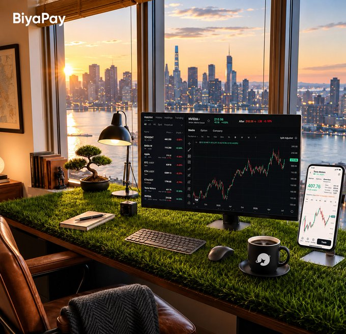 A trading workspace with the BiyaPay logo features a monitor displaying stock charts, a smartphone showing $407.76, and a keyboard resting on artificial grass with a city skyline visible through the window at sunset.