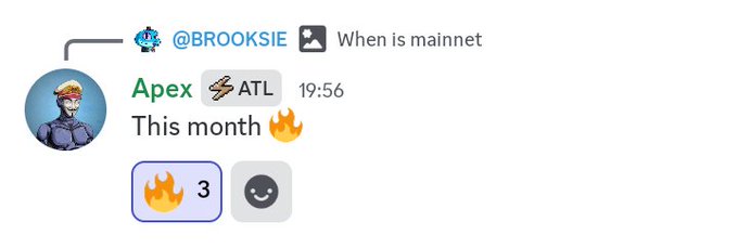 A Discord screenshot shows user @BROOKSIE asking "When is mainnet," to which Apex (with the ATL role) replies "This month 🔥" at 19:56, with 3 fire reactions—visually confirming the post's highlight that Atlas's CEO indicated mainnet launch could happen within the current month.