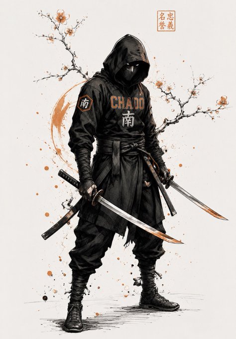 A stylized illustration depicts a hooded ninja warrior in black garb, dual-wielding swords, with the word 'CHAOS' visible on the chest and cherry blossom branches framing the figure.