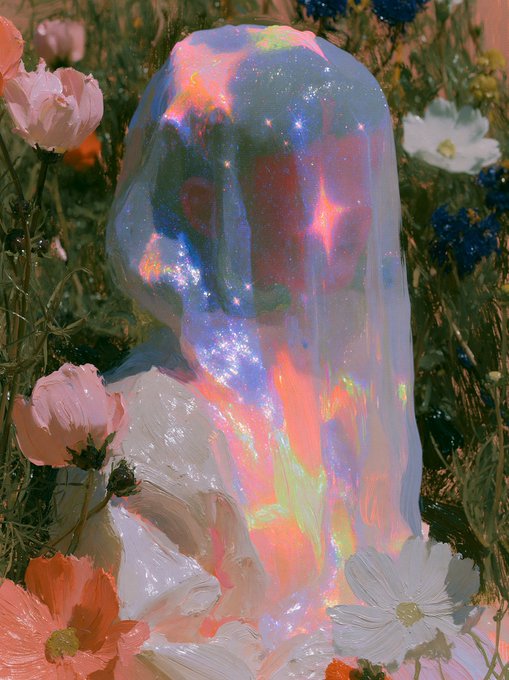 A surreal painting of a figure with a translucent, iridescent head filled with a galaxy-like nebula, sitting among pink, white, and blue flowers in a field.