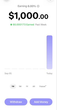 Aave app screenshot showing $1,000.00 deposited with a 6.00% APY, having earned approximately $0.000173 in the past week. The image illustrates the steady passive income users can earn through Aave's DeFi savings platform, reinforcing the post's promotion of using the app via a referral link.