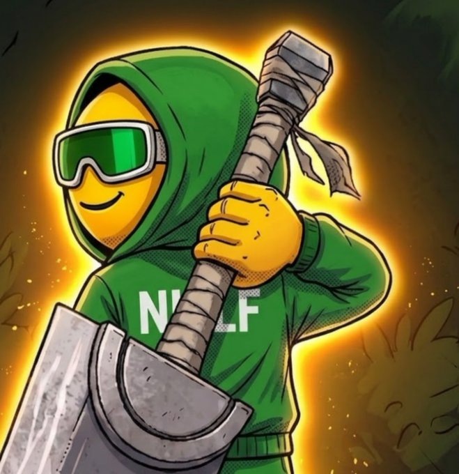 A digital illustration depicts a hooded figure in a green hoodie and ski goggles holding a large wrapped sword, with the word 'NINJA' visible on their chest.