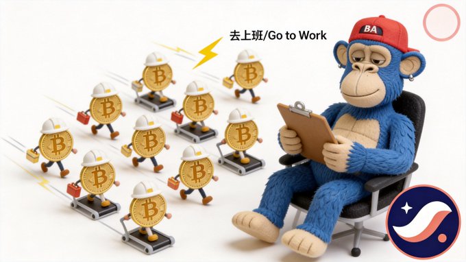 A meme featuring a Bored Ape NFT character in a "BA" cap sitting at a desk reviewing a clipboard while small Bitcoin miner figures run on treadmills toward him, with Chinese text reading "去上班/Go to Work".