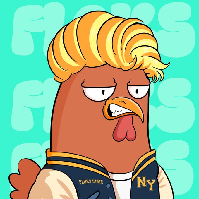 Cartoon illustration of an anthropomorphic chicken with blonde hair, wearing a 'FLOKS STATE NY' varsity jacket, against a teal background with repeating 'FS' patterns.