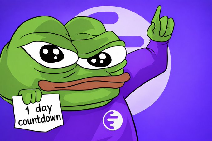 Pepe the Frog meme character pointing upward with a '1 day countdown' sign, featuring the Ethereum logo and branding on a purple background.