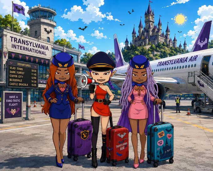 An anime-style illustration depicts three flight attendants with fangs standing at an airport tarmac with their luggage; the departures board reads "TRANSYLVANIA INTERNATIONAL" and shows flights to "VLAD TOWN," "DARK FOREST," "COFFIN COVE," "BLOODVALE," and "CASTLE DRACULA."