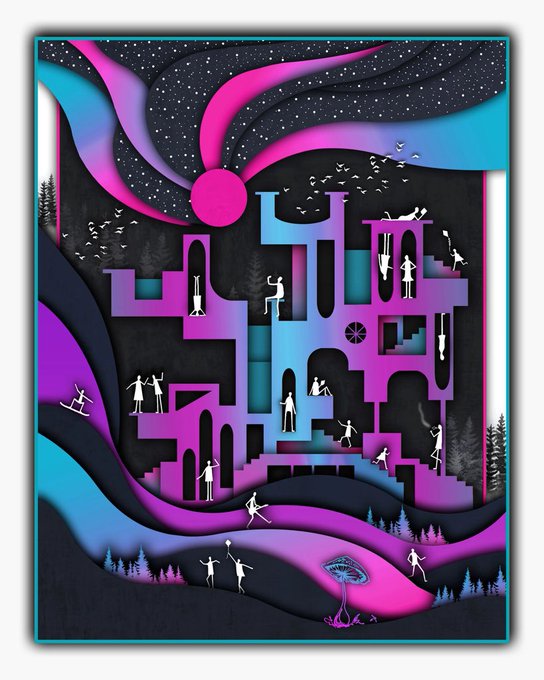 The image features a digital art piece that depicts a castle with people inside, surrounded by trees and mountains. The colors used are predominantly purple, blue, green, and pink, creating an enchanting atmosphere. The artwork appears to be a 3D rendering of a castle or building, possibly made out of paper mache. The post is titled "GM Fam 1/1" and has a caption that reads "Focus on what is in the image and how it relates to the post".