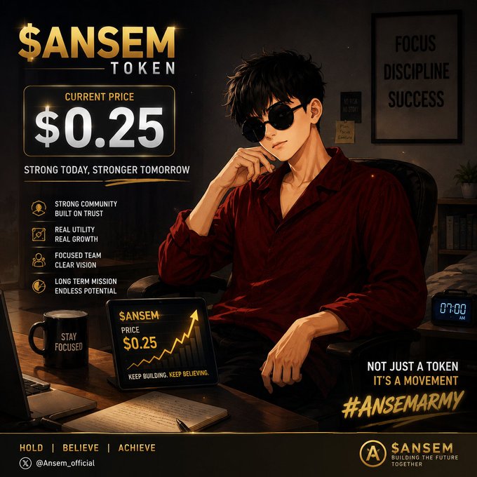 A promotional poster for the '$ANSEM Token' priced at $0.25, featuring anime-style artwork of a man with sunglasses, with slogans like 'FOCUS DISCIPLINE SUCCESS' and 'NOT JUST A TOKEN IT'S A MOVEMENT #ANSEMARMY'.