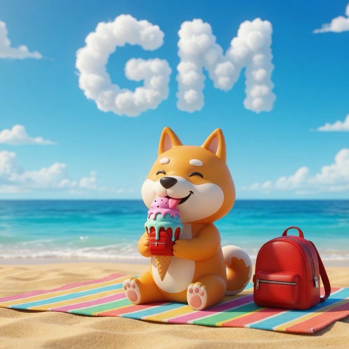 A 3D-rendered cartoon Shiba Inu dog sitting on a striped beach towel licking a colorful ice cream cone, with 'GM' spelled out in clouds above and a red backpack nearby.