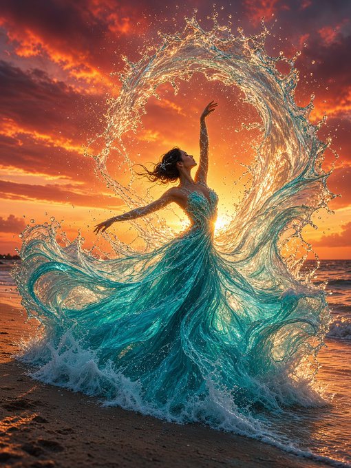 A fantasy illustration of a woman in a flowing turquoise dress made of swirling water against a vibrant orange sunset.