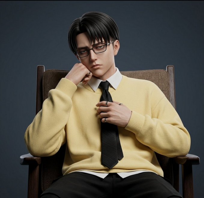 A 3D-rendered young man with dark hair and glasses, wearing a yellow sweater and black tie, sits in a chair with his hand near his face.