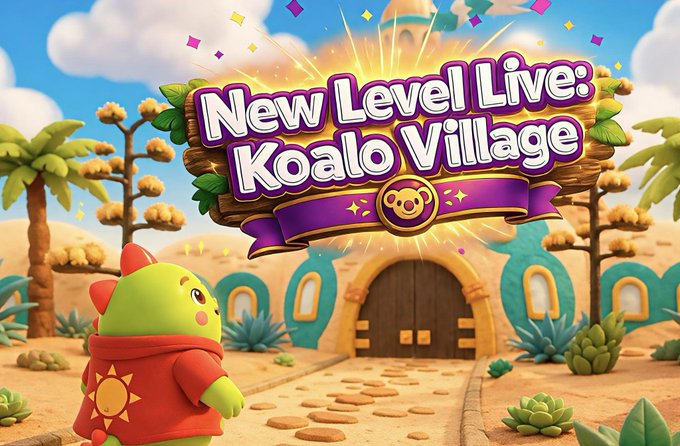 A colorful 3D-rendered game advertisement for 'New Level Live: Koalo Village' featuring a cute green character in a red sun-patterned outfit standing before a whimsical village entrance with palm trees and desert scenery.