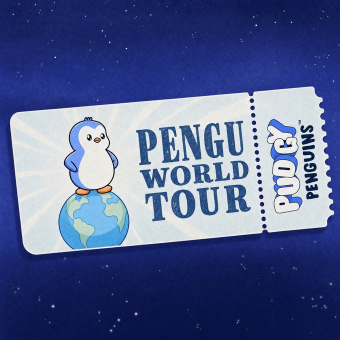 A promotional ticket graphic featuring a cartoon penguin standing on a globe with the text 'PENGU WORLD TOUR' and 'PUDG! PENGUINS' against a starry night sky background.