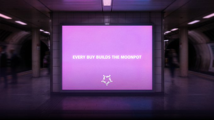 A vibrant pink illuminated billboard in a dimly lit transit station displays the text "EVERY BUY BUILDS THE MOONPOT" above a small geometric icon, reinforcing the post's message that each TMP mint contributes to advancing Round 1, supporting the protocol, and offering potential NFT-linked USDC rewards.