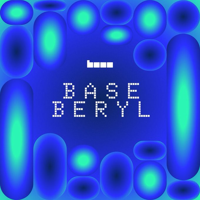 The image shows a blue, glowing digital-style design with rounded pill and circular shapes surrounding the pixelated white text "BASE BERYL" in the center, visually representing the $BASEBERYL cryptocurrency token being promoted in the post.