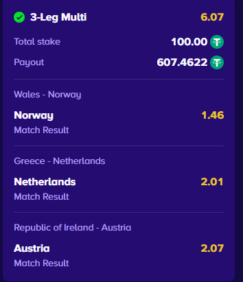 A mobile app screenshot showing a '3-Leg Multi' sports betting ticket with a 6.07 multiplier, 100.00 stake, 607.4622 payout, including bets on Wales vs Norway (1.46), Greece vs Netherlands (2.01), and Ireland vs Austria (2.07).