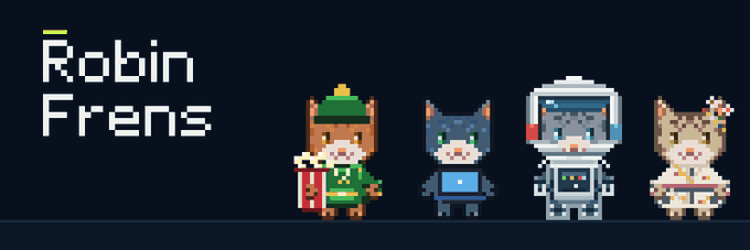 A pixel art banner titled "Robin Frens" features four cute cat characters: one in winter clothes with a present, one with a laptop, an astronaut cat, and one holding a cake.