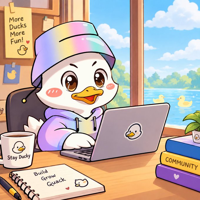A cute cartoon duck wearing a rainbow hoodie and bucket hat working on a laptop at a desk, with notes reading "More Ducks More Fun!", "Build Grow Quack", "Stay Ducky", and "COMMUNITY".