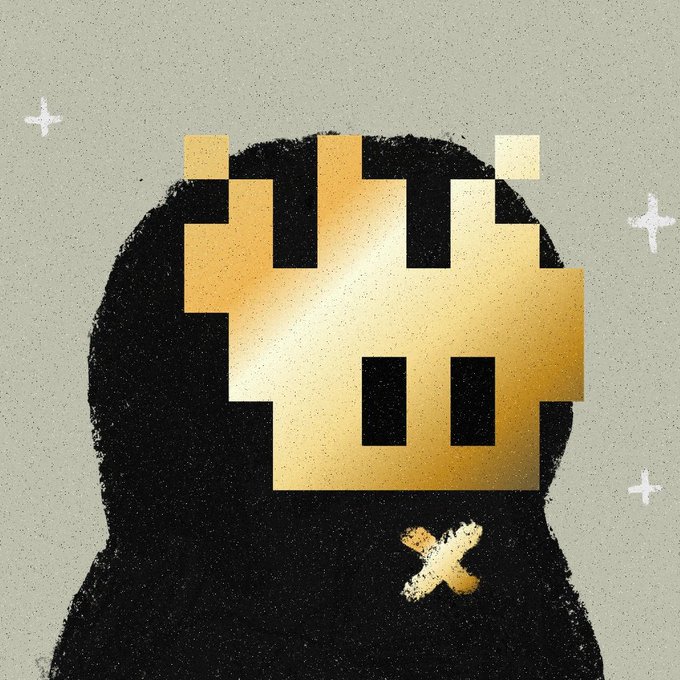 A pixel art illustration showing a dark silhouette figure with a golden pixelated smiley face obscuring its features, set against a muted gray-green background with small star accents.
