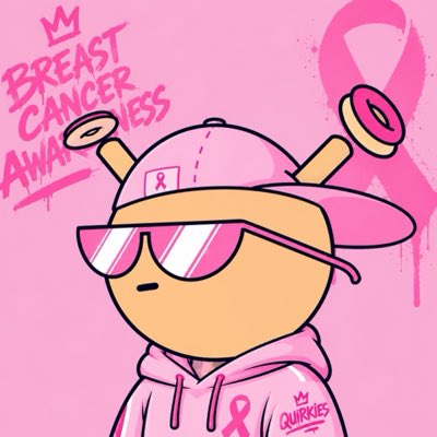 An illustrated character wearing a pink cap, pink sunglasses, and a pink hoodie with a breast cancer ribbon, set against a pink background with 'BREAST CANCER AWARENESS' text and a pink ribbon graphic.