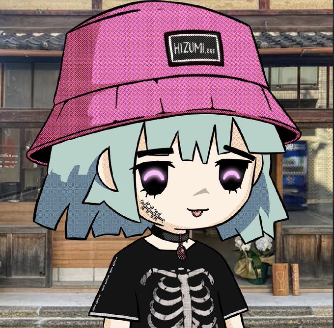A chibi-style anime character with mint-green hair, purple eyes, and a pink bucket hat stands in front of a traditional storefront; the hat reads “HIZUMI.NFT,” while her black shirt features a skeleton graphic. The giveaway post promotes 10 “GTD 15 FCFS” spots for the @hizuminft project.