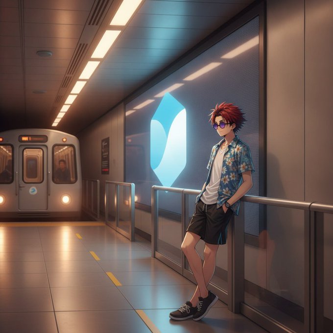 An anime-style illustration of a red-haired boy in a floral Hawaiian shirt and sunglasses leaning against a subway station wall next to a glowing blue logo.