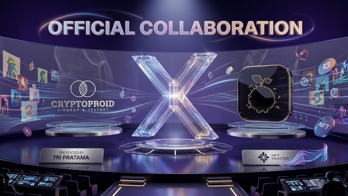 Promotional graphic announcing an 'OFFICIAL COLLABORATION' between 'CRYPTOPROID AIRDROP & TESTNET' and 'NFT HUNTER', presented by 'TRI PRATAMA', featuring a glowing X display and NFT-themed artwork.