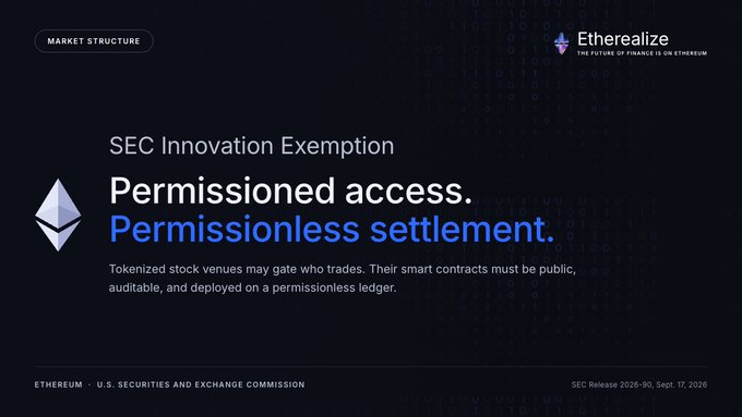 A dark promotional slide from Etherealize about 'SEC Innovation Exemption' discusses 'Permissioned access. Permissionless settlement.' noting tokenized stock venues may gate trades but smart contracts must be public, auditable, and deployed on a permissionless ledger, referencing SEC Release 2026-90.
