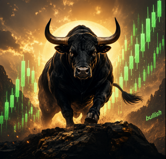 A powerful black bull charges forward against a fiery, sunlit backdrop, surrounded by rising green candlestick charts and the word "bullish" in the corner—symbolizing the long-awaited bullish momentum the poster is hoping will arrive in the market.