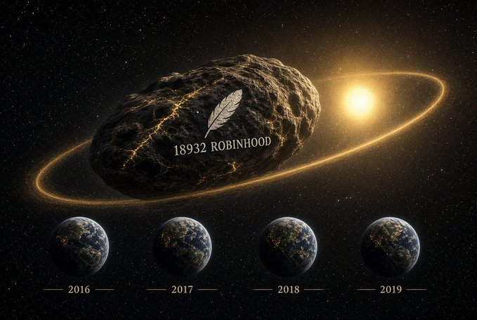 A space-themed graphic showing an asteroid labeled '18932 ROBINHOOD' orbiting a star, with four Earth-like planets dated 2016, 2017, 2018, and 2019 below.