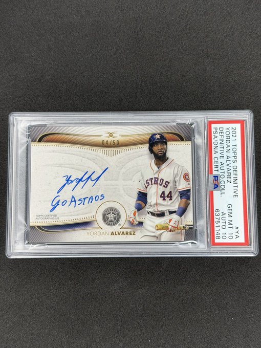 A PSA/DNA graded 2021 Topps Definitive Yordan Alvarez 'Go Astros' autographed baseball card (#44/50) is encased in a protective slab, certified Gem Mint 10.