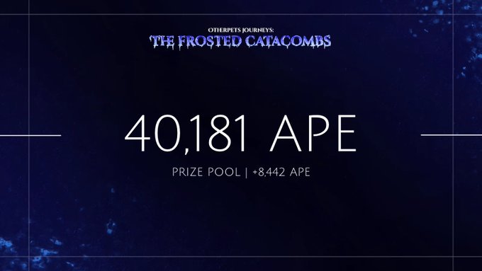 A dark digital graphic reads 'OTHERVERSE JOURNEYS: THE FROSTED CATACOMBS' with a prize amount of '40,181 APE' and 'PRIZE POOL | +8,442 APE'.