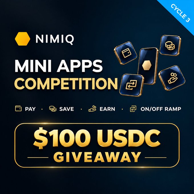 A promotional graphic for the Nimiq Mini Apps Competition's Cycle 3, featuring a $100 USDC giveaway banner with icons representing Pay, Save, Earn, and On/Off Ramp functionalities, visually reinforcing the tweet's announcement of a week-long giveaway for followers and engagers.