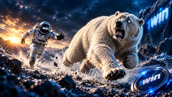 A digital illustration of an astronaut with '1win' logos chasing a large roaring bear across a rocky landscape at sunset.