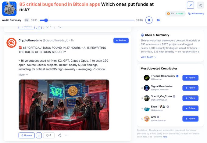 A screenshot of a CoinMarketCap community post titled "85 Critical Findings Exposed: AI Audits Bitcoin App Layer in 27 Hours," featuring a tweet from @TonyTheBullBTC reporting that 16 AI models analyzed 390 BTC-related projects and found nearly 5,000 issues, with 85 rated critical—described by developers as "extremely bad." The accompanying commentary questions whether this represents a genuine white-hat security win or overstated noise, noting that only about 1 in 5 findings may be exploitable.