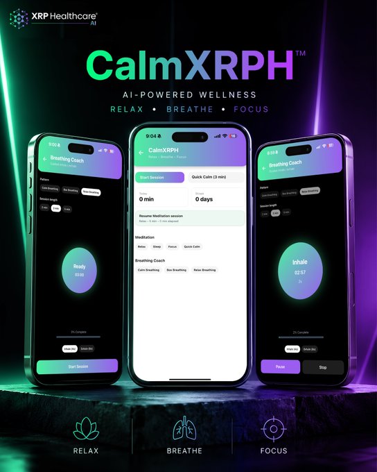 The image is a promotional graphic for XRP Healthcare AI's CalmXRPH™, an AI-powered wellness app, featuring three smartphone mockups displaying the app's "Breathing Coach" interface with a "Ready" state, session options (Relax, Sleep, Focus, Quick Calm), and an active breathing session showing "Inhale 02:57." The design uses a vibrant green and purple color scheme with the tagline "RELAX • BREATHE • FOCUS," visually reinforcing the post's message about using guided breathing sessions to manage stress while earning $XRPHAI rewards.