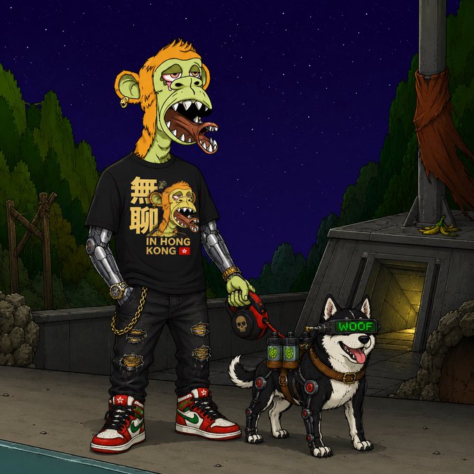 The image features a man wearing a black shirt with "In Hong Kong" written on it, holding a dog that has a green bandana around its neck. The man also has a gun strapped to his back. There are two other people visible in the background who appear to be watching or interacting with the scene.